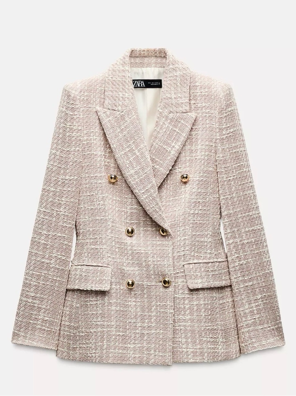 ZARA Pink Tweed Double-Breasted Blazer with Gold Buttons